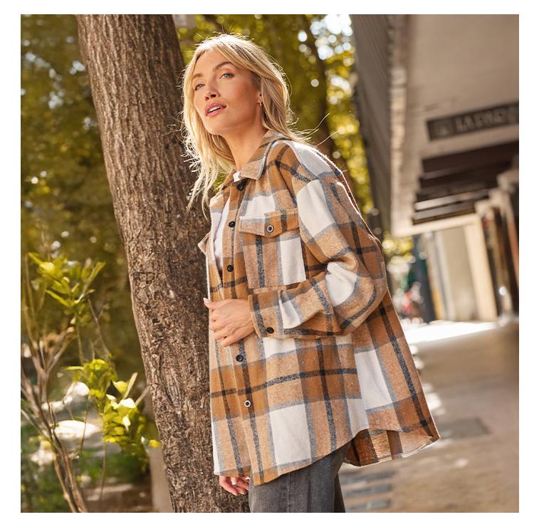 AUTOMET Womens Flannel Shacket Casual Jacket Plaid Button Down Long Sleeve Shirt Fall Winter Outfits pocket casual fabric