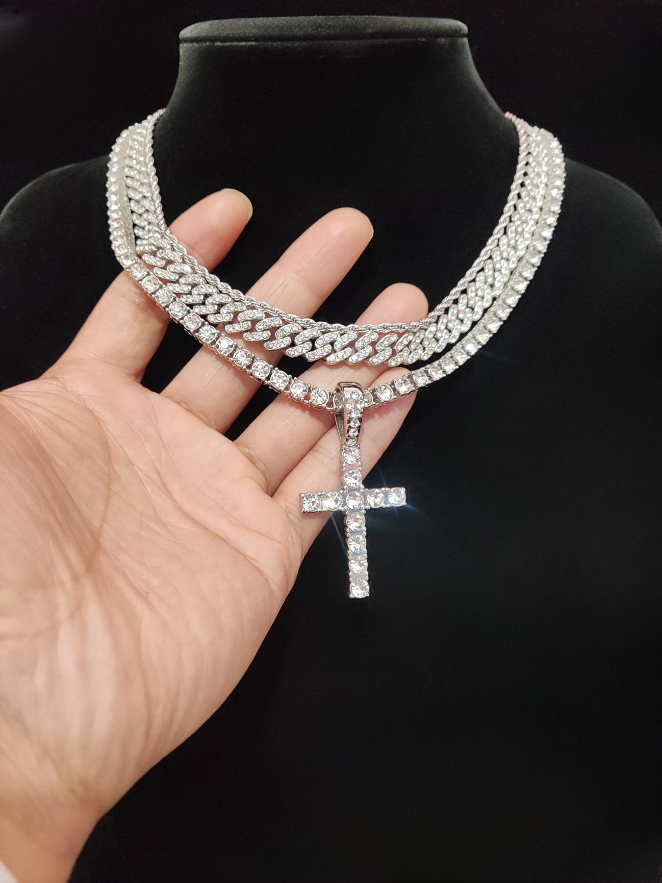 Summer Rhinestone Decor Cuban Link Chain Necklace & Cross Charm Necklace for Men & Women, Punk Style Exquisite Trendy Hip Hop Iced Out Jewelry As Gift