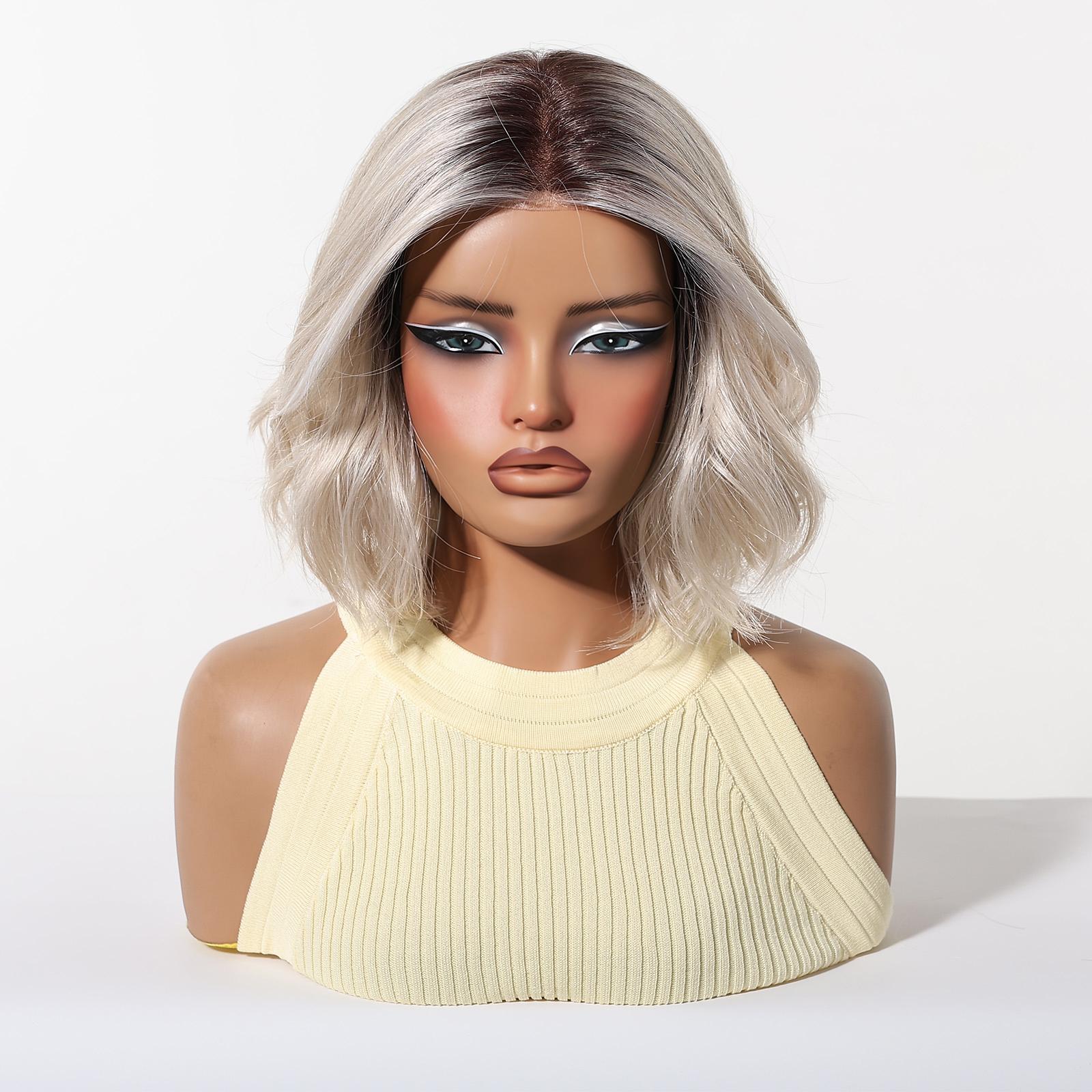 Topshe Hand Tied Mono Base Short Bob Wig, Dark Root Ash Brown Highlight Flip Out Loose Wave Bob, Breathable Mono Top Realistic Scalp, Glueless Wear & Go No Bleach, Tangle Free Heat Resistant Synthetic Hair, Synthetic Material Wigs