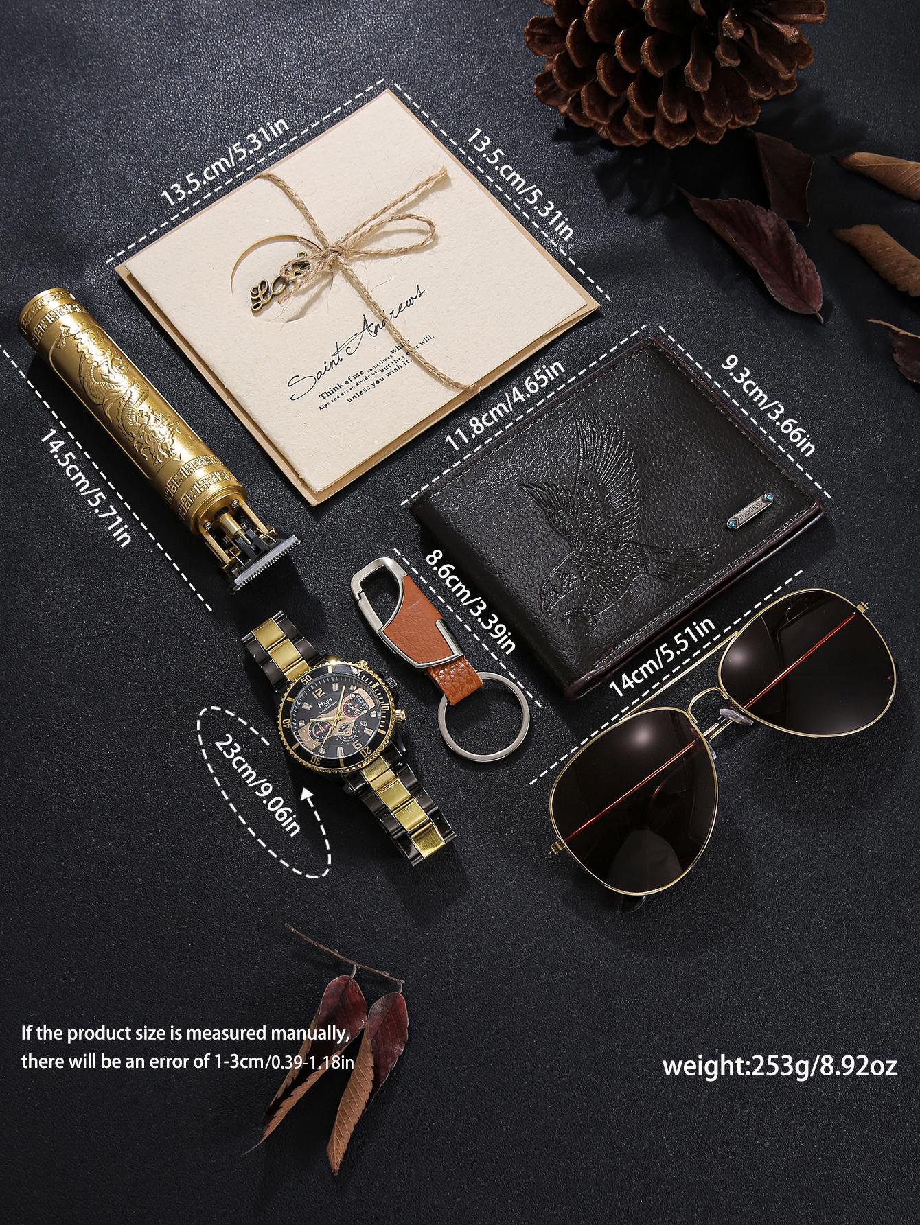 Men's Watch + Decorative Glasses + Hair Clipper + Wallet + LED Light Keychain + Greeting Card, Perfect Gift Set for Him, Perfect Gift Bundle, Surprise Gifts, Gift Idea, Man Gift Set, Accessories Men's Watch + Decorative Glasses + Hair Clipper + Wallet + LED Light Keychain + Greeting Card, Perfect Gift Set for Him, Perfect Gift Bundle, Surprise Gifts, Gift Idea, Man Gift Set, Accessories