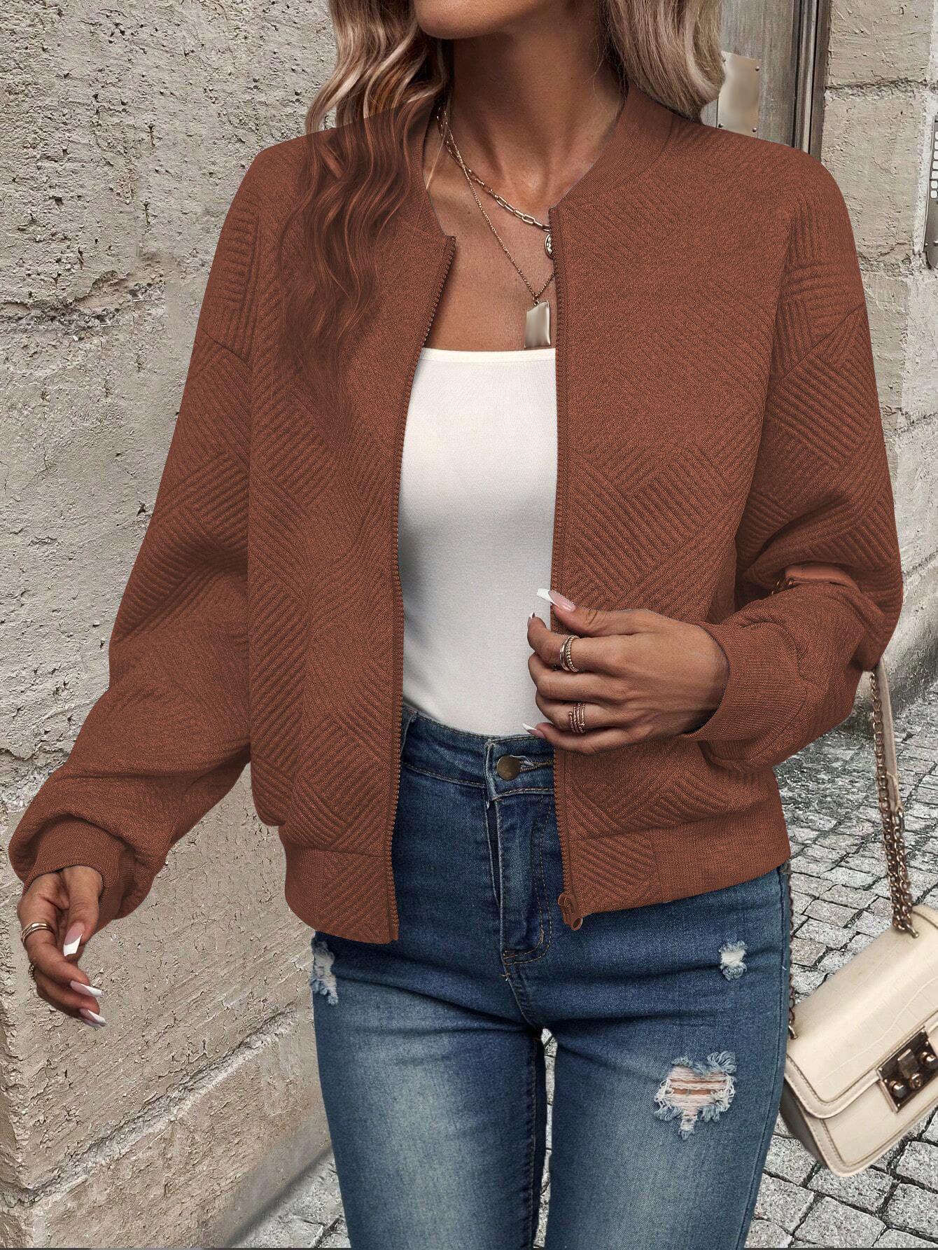 Huonwei Women's Bomber Jacker Zip Up Casual Baseball Jackets Stand Collar Street Coat Solid Color Fall Fashion Jacket Caramel 118 Womenswear Halloween duke crop top