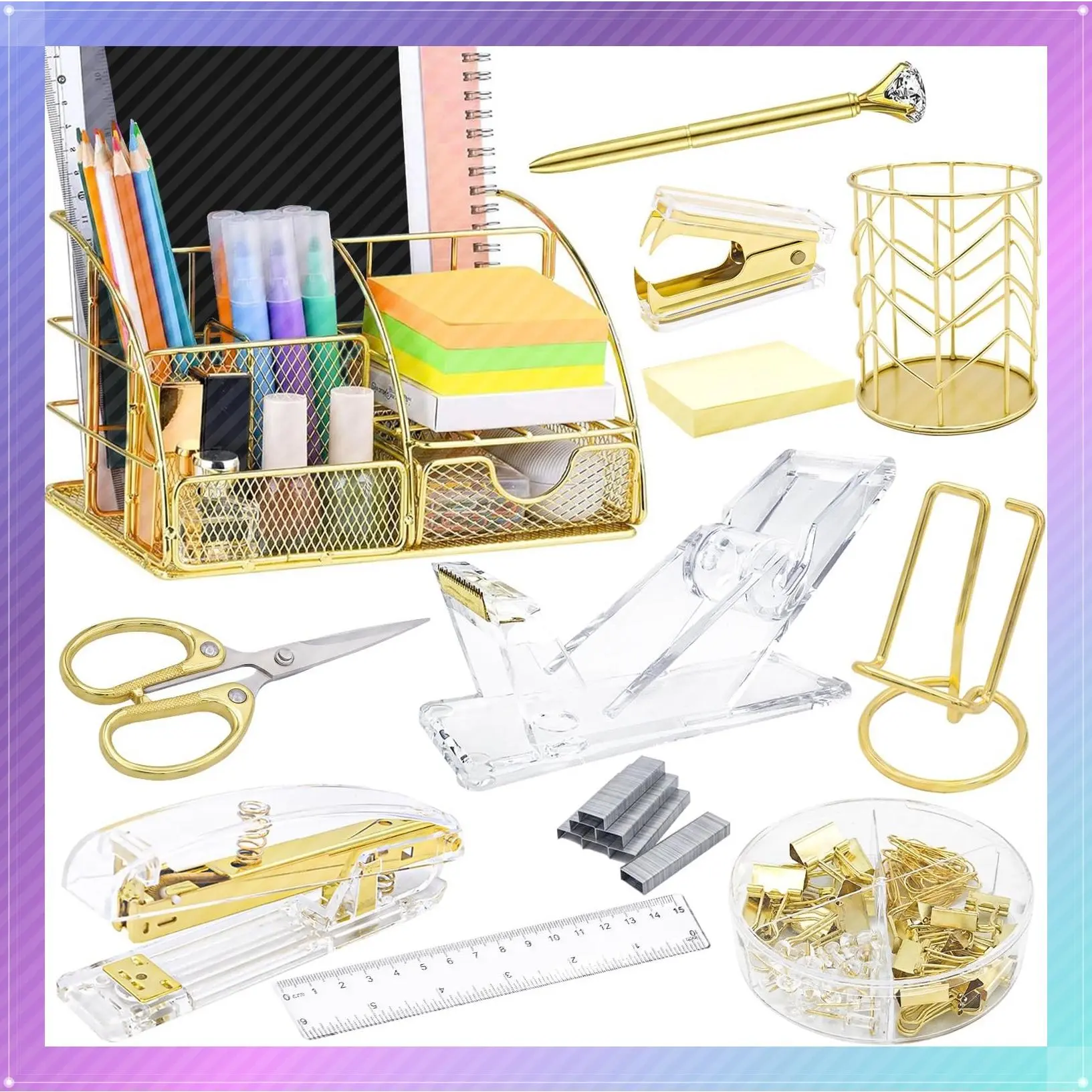 Gold 13-Piece Desk Organizer Set with Acrylic Stapler, Tape Dispenser, Staple Remover, Pen Holder, Clips, Scissors, Phone Holder, PenGift