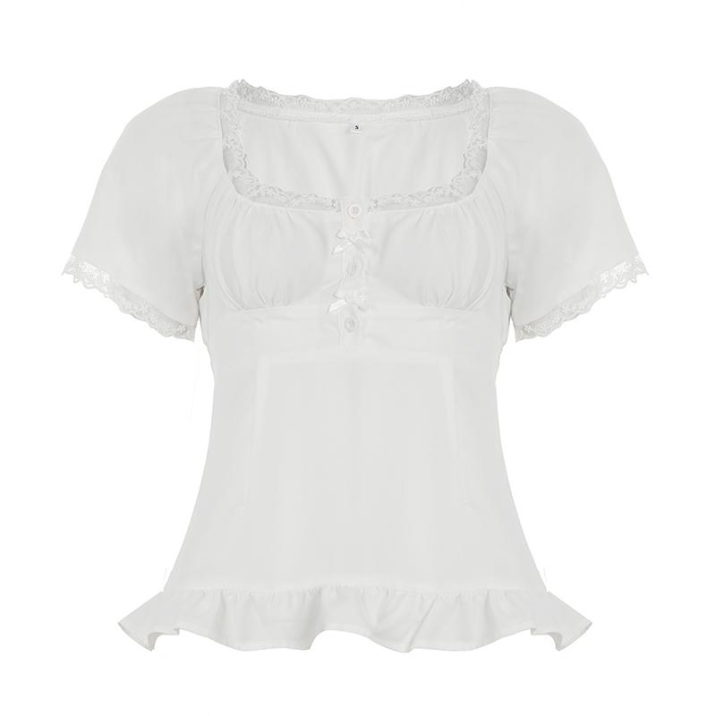 Lace Patchwork Bowknot Girls' T-Shirt, Square Neck Short Sleeve Korean Style Casual Chic Minimalist Cute Ruffle Sweet T-Shirt for Women