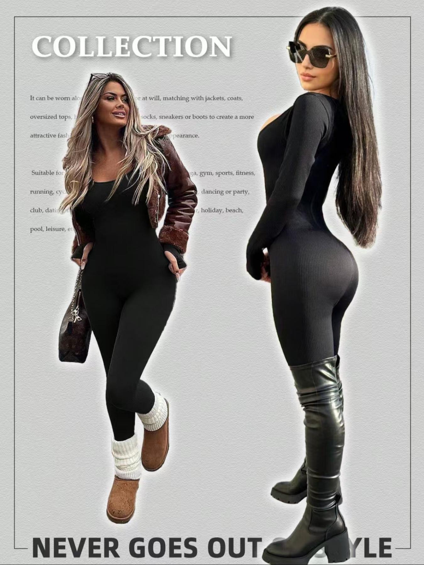 Women's Long Sleeve Sporty Comfy Jumpsuit, Waist Cinching Square Neck, Above Ankle Pants, Essential Fitness Gear, Comfortable Fashion Workout Clothes