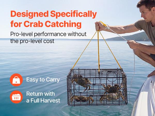 VEVOR Crab Trap, 2 Packs, 24.4x24.4x11.8 inch Heavy Duty Large Crab Pot Trap for Dungeness, Black PVC Coated Wire Mesh for Stealth, with Gauge, Red/White Float, 100ft Leaded Core Rope, and Gloves