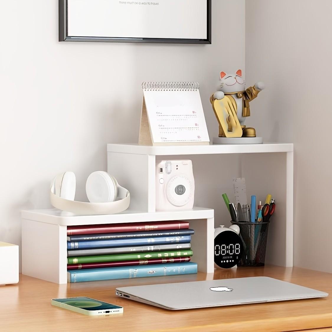 Multifunctional Adjustable Wooden Desktop Storage Rack Organizer, Perfect for Desk Office Living Room, Wood Color