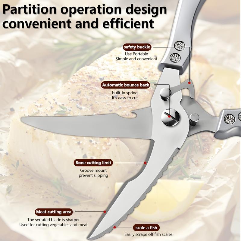 1pcs stainless steel kitchen scissors, multi-purpose, sharp and practical poultry scissors, can be used for vegetables, fish, chicken bones, etc., cooking scissors are a must-have in the kitchen, dishwasher safe