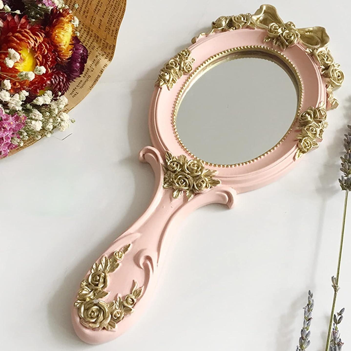 Portable Handheld Makeup Mirror, Travel Princess Style Metal Beauty Mirror, Oval Rose Embossed, Desktop Decor, Vintage Handle, Photo Props, 3-Piece Set