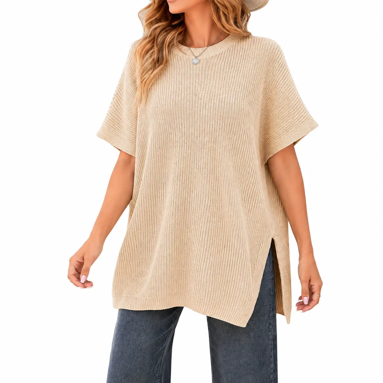 Women's Casual Oversized Solid Knit Pullover Sweater - Puff Short Sleeves, Round Neck, Side Slit, Simple Everyday Knitwear with Comfortable Fabric & Flattering Fit for Back-to-School Shopping
