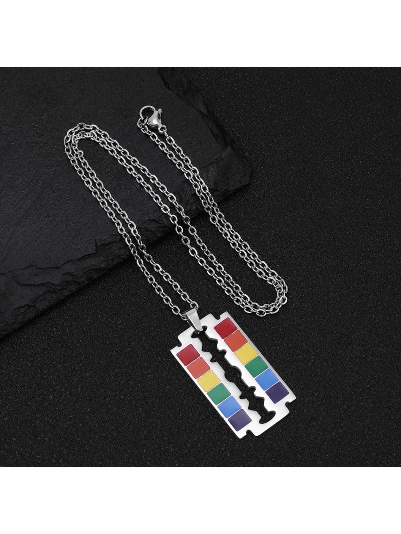Rainbow Razor Blade Necklace | LGBTQ+ Pride Stainless Steel Pendant | Punk Jewelry for Gift