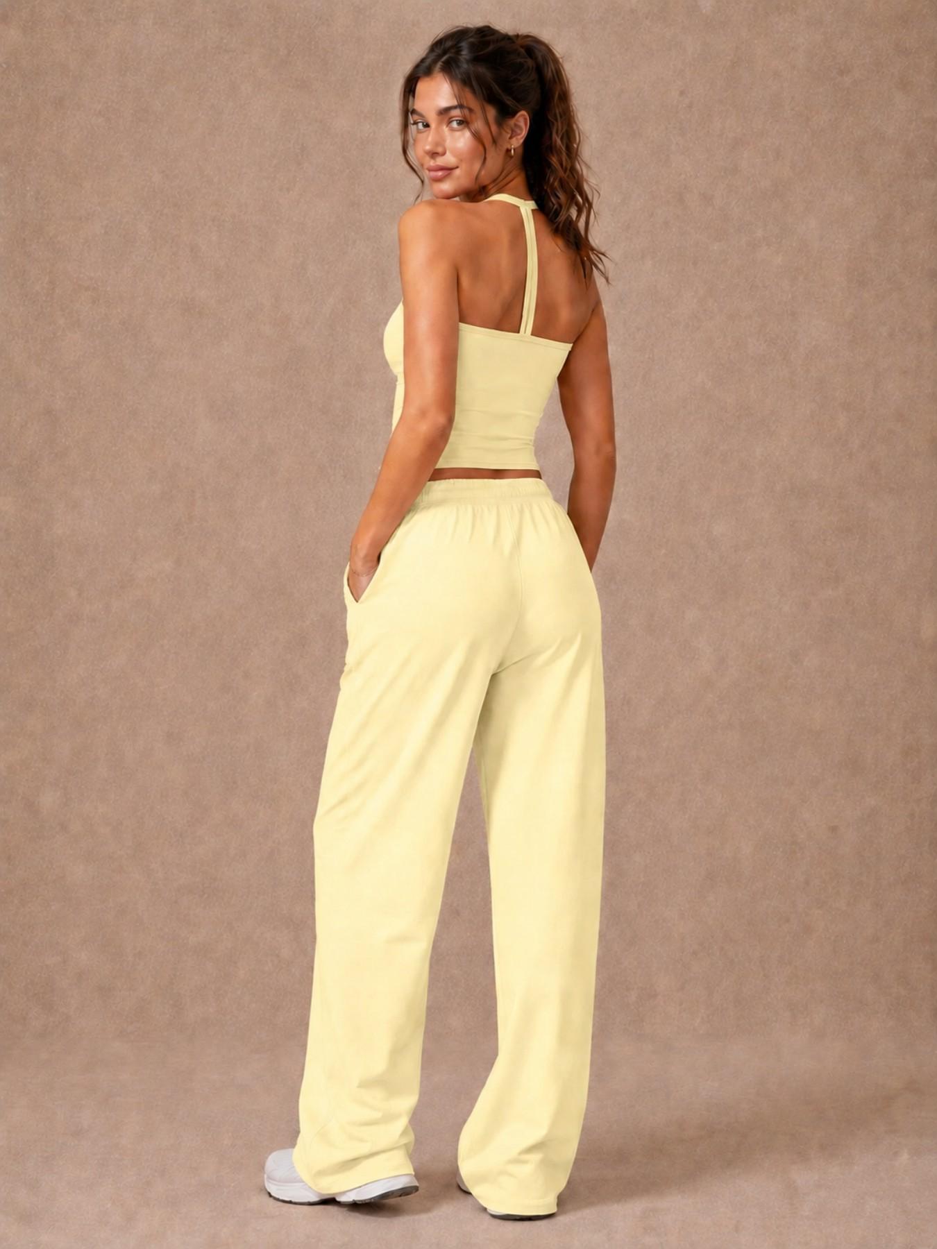 Two-Piece Women's Tank Top & Long Pants Set, Casual Fitness Wear, High Stretch Activewear, Quick-Dry Breathable Fabric, Sporty Top with Removable Pads & Adjustable Drawstring Wide-Leg Pants for Gym & Yoga, Summer Outfit, Sportswear