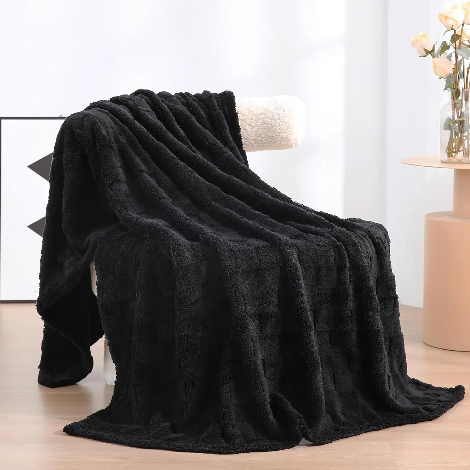 Black Fleece Throw Blanket - 50x60 in Modern Checkered 3D Square Pattern, Super Soft Lightweight Fluffy Microfiber Flannel, for Couch Lounge Bed, Adults Women's