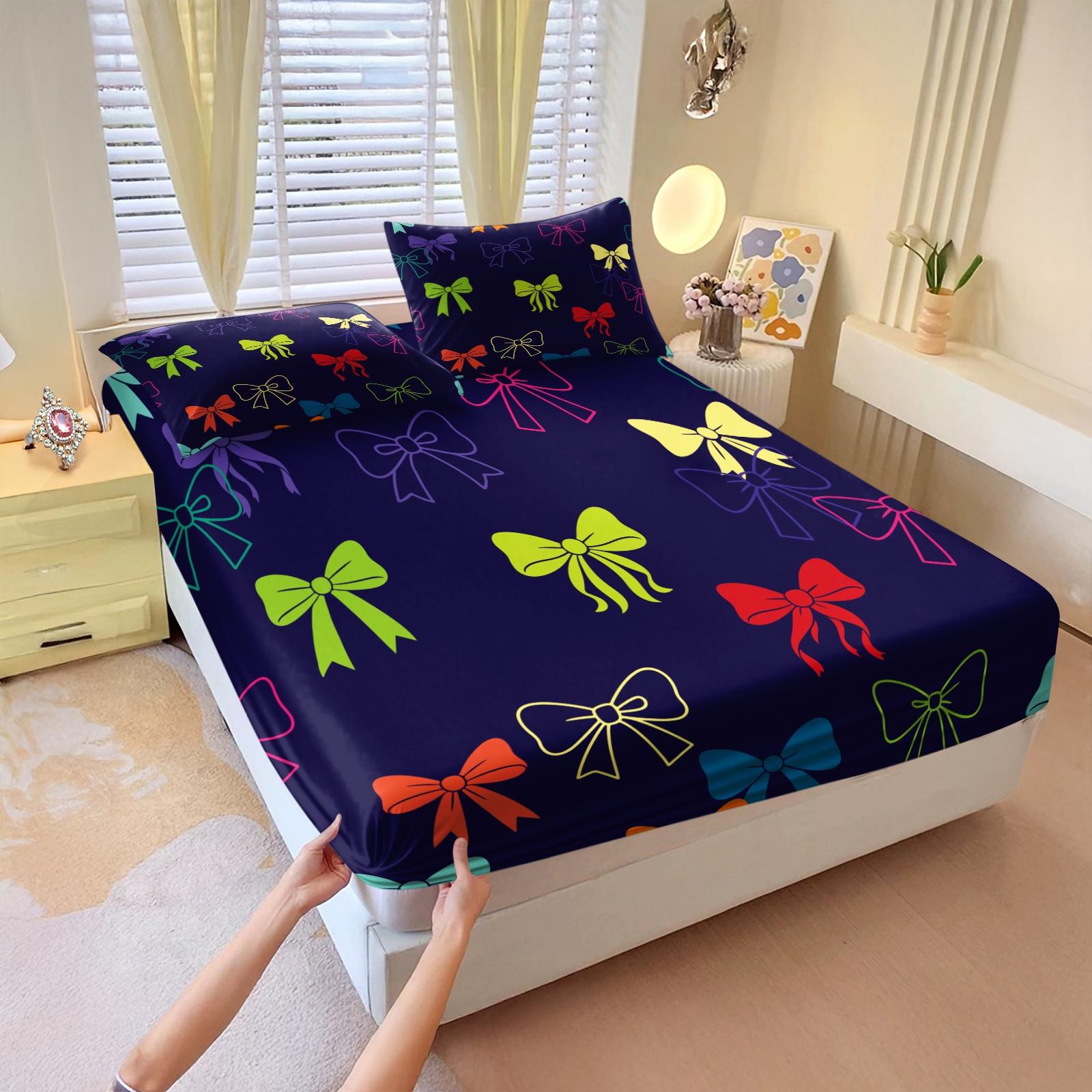 3Pcs Lovely Coquette Bow Printed Fitted Sheet Set, Sweet Y2K Style Bed Sheet Set, Soft Wrinkle-Resistant Microfiber, Vibrant Digital Print, Deep Pocket Design, Ideal for Girls Bedroom, Dorm & Guest Room All-Season Decor - No Filling