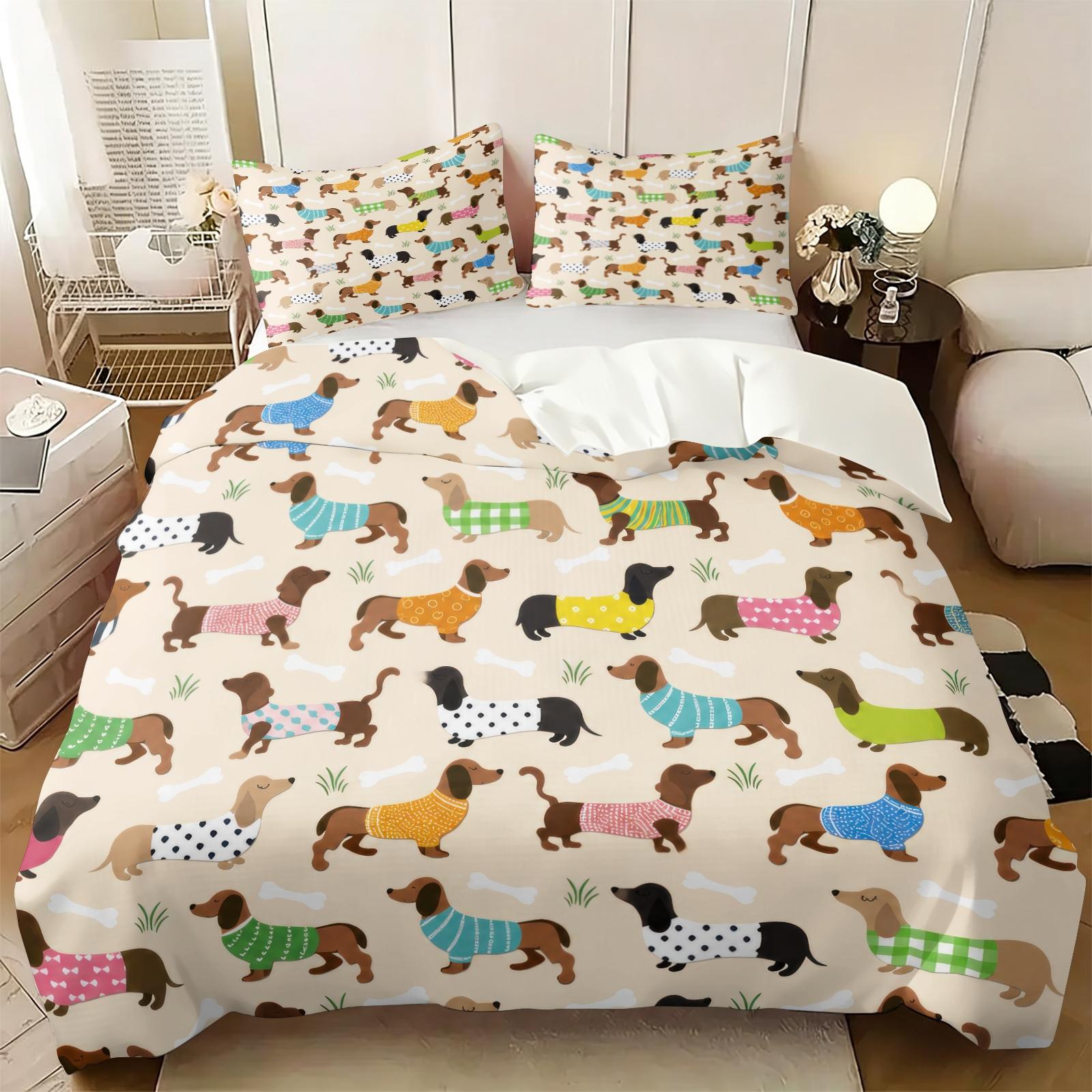 3PCS Cartoon Patchwork Dachshund Duvet Cover Set（1 Duvet Cover + 1-2 Coreless Pillowcases ), Vintage Geometric Floral Sausage Dog Pattern, Soft Comfy All Seasons Bedding Set,Ideal for Cute Pet Themed Bedroom Decor