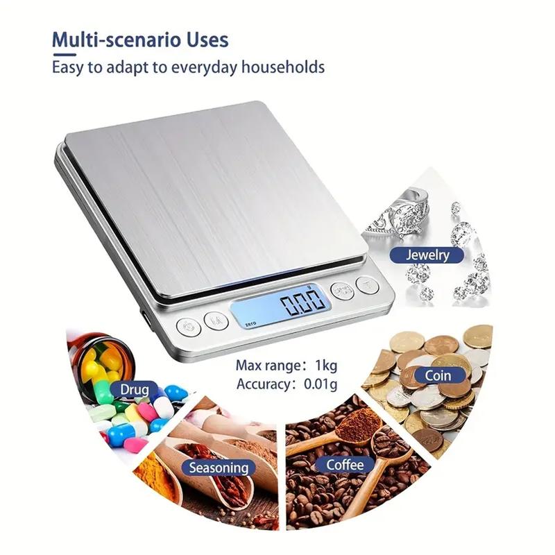 1 Set Stainless Steel Electronic Scale with 2pcs Trays, Portable Accurate Weight Measurement with LCD Display, Measuring Utensils for Kitchen Baking and Jewelry, Digital Kitchen Scale