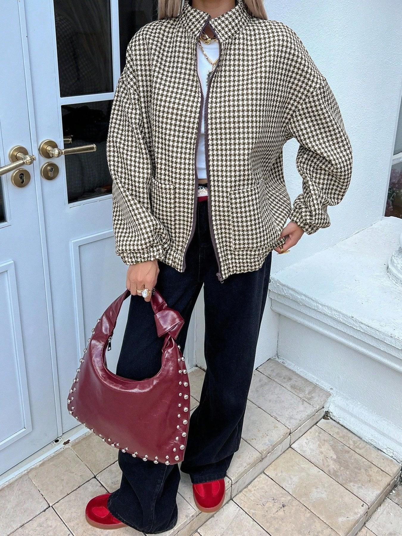 Women's Houndstooth Zippered Stand Collar Loose Fit Jacket, Casual Fall & Winter Outerwear, Plain Surface, Full Placket Top
