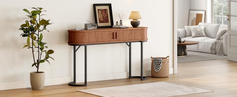 【Valentine's Day Gift】ONBRILL 55.1" Fluted Console Table With Tambour Doors And Metal Base For Hallway, Living Room 【Valentine's Day Gift】ONBRILL 55.1" Fluted Console Table With Tambour Doors And Metal Base For Hallway, Living Room
