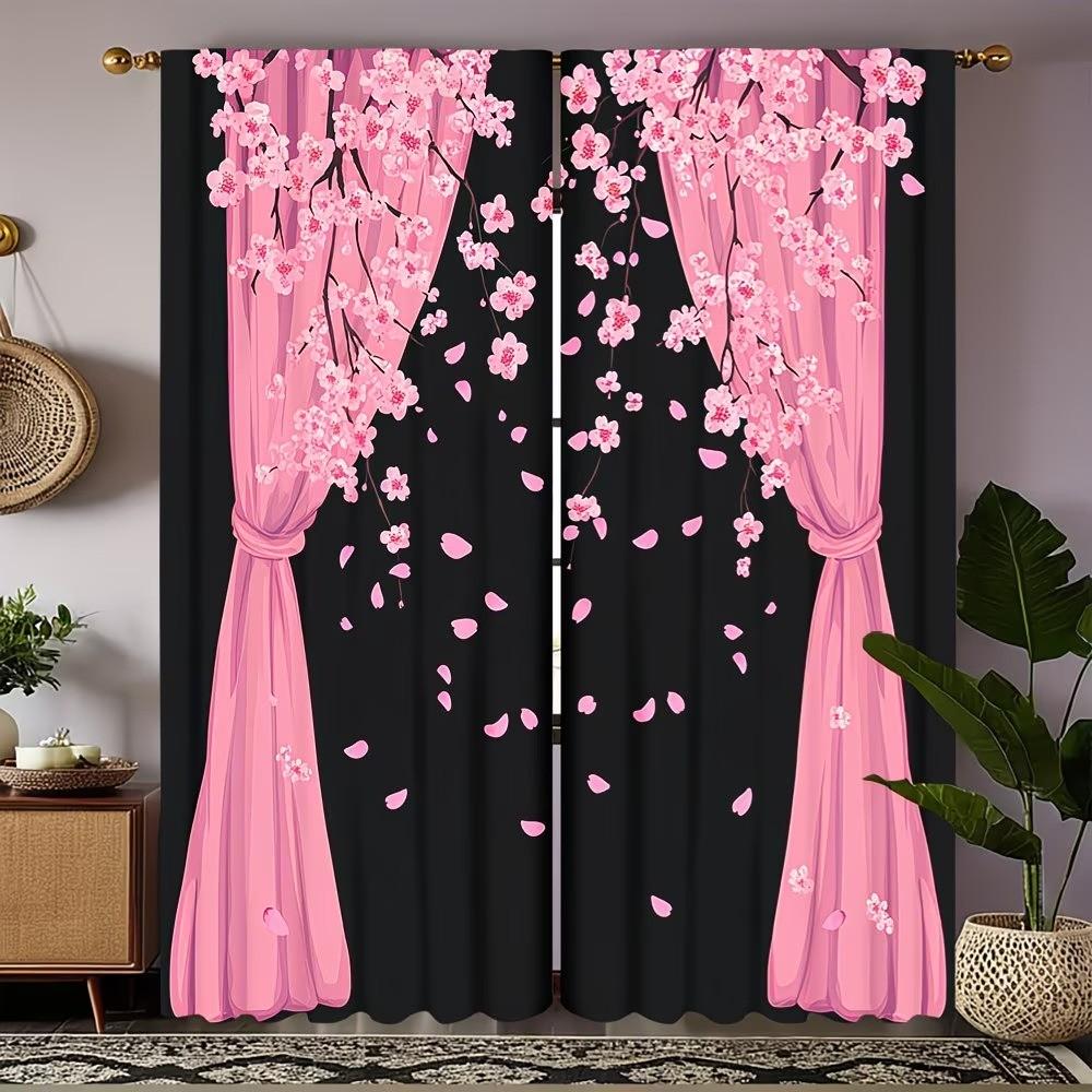 2-piece Pink Cherry Blossom Drifting Petal Romantic Semi-Transparent Polyester Curtains with Rod Installation. Featuring high-definition digital printing and machine-washable fabric, they are ideal for bedrooms, boudoirs, Japanese tea rooms, and cherry bl