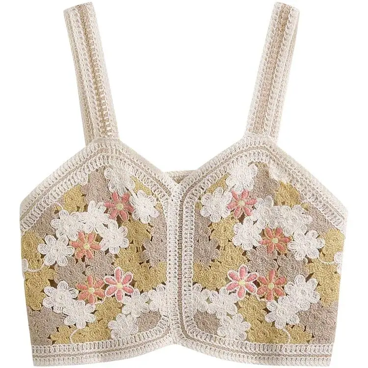 Floral Embroidery Crochet Cami Top Summer Open-knit Sleeveless Strap Crop Tops for Women Teen-girls Boho Vacation Beach Outfit
