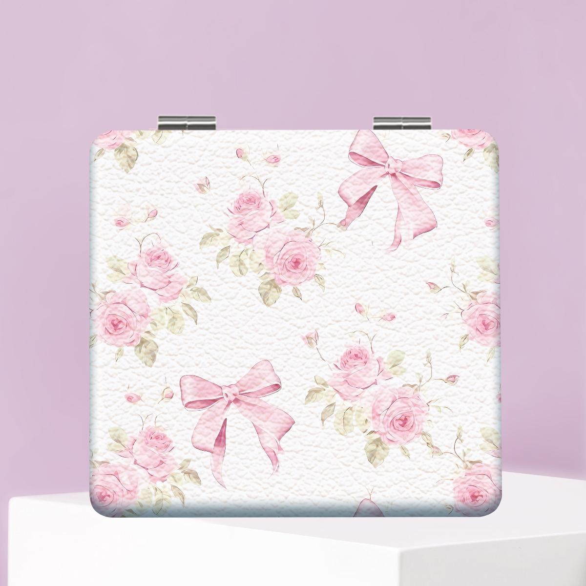 Bow & Cherry Pattern Makeup Mirror, 1 Count Foldable Handheld Travel Makeup Mirror, Portable Makeup Tool for Women & Girls, Daily Holiday Birthday Wedding Gift