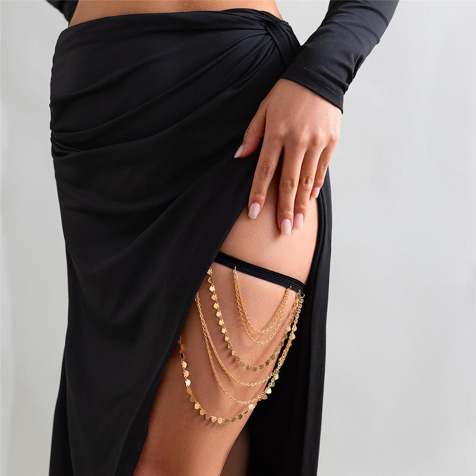 Boho Sexy Elastic Band Bandage Leg Thigh Chain for Women Bikini Summer Heart Tassel Pendant Multilayer Garter Belt Body Jewelry