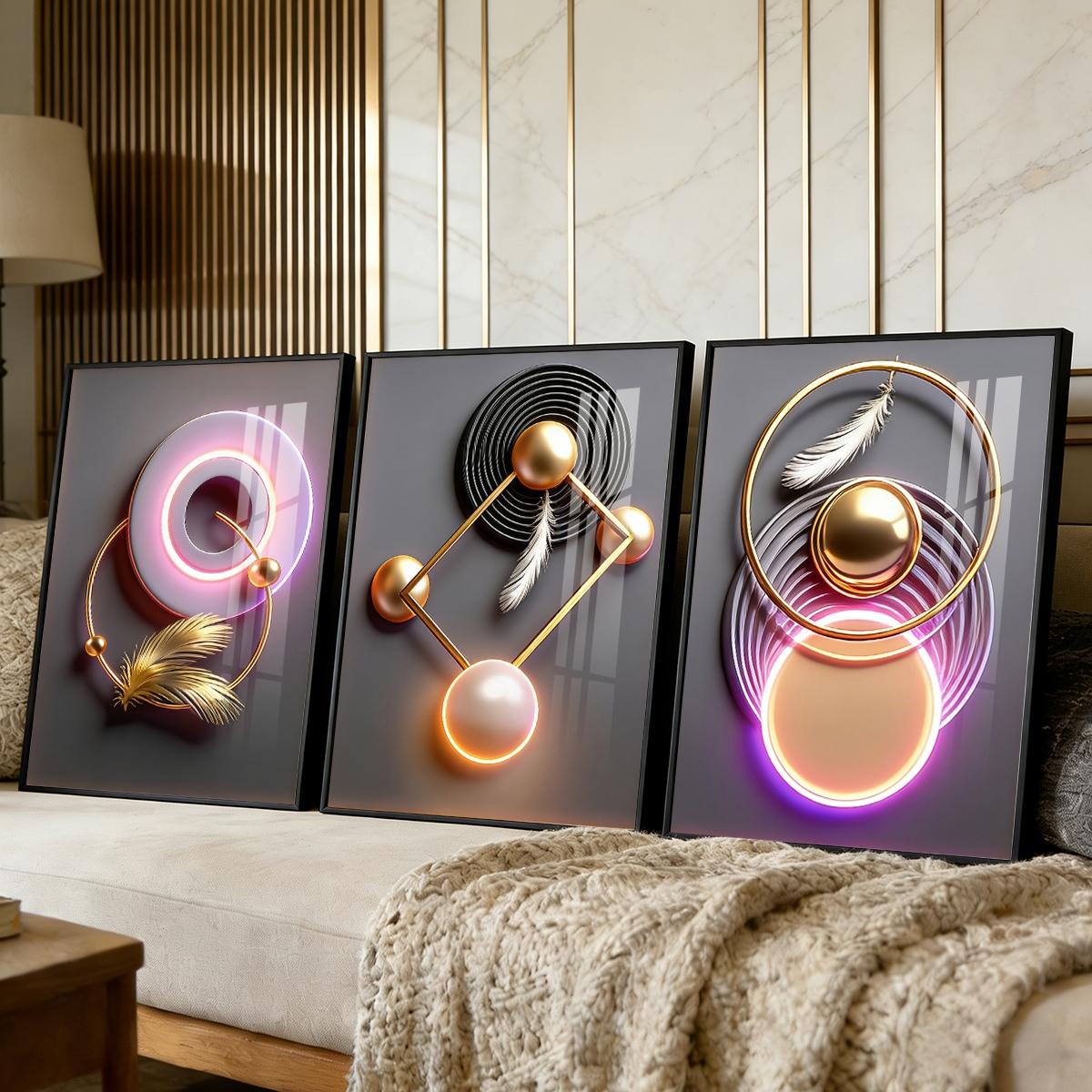 3 Counts Aluminum Alloy Framed Painting, Modern Geometric Feather Art Pictures, Home Decoration For Living Room, Bedroom, Office, Restaurant, Hallway Wall Decor, Odorless Print Artwork, Luxury Perfect Gift For Friends And Family