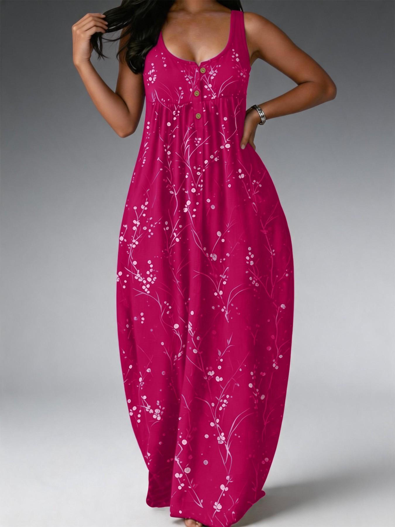 Elegant Plus Size Women's Dress, Loose-Fit Floral Branch Print, Fashionable Chic Sleeveless Long Dress