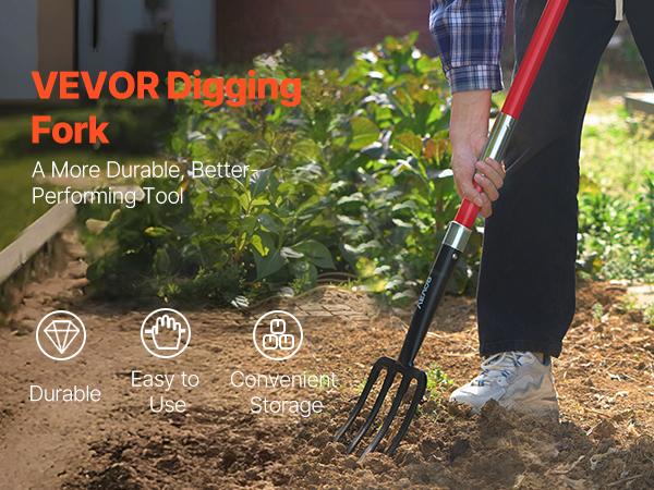 VEVOR Garden Fork, 4-Tine Gardening Pitchfork with Fiberglass Handle, 45 in Heavy Duty Digging Fork with Y Grip, Forged Steel Spading Fork for Hay Potato Composting Transplanting Aeration