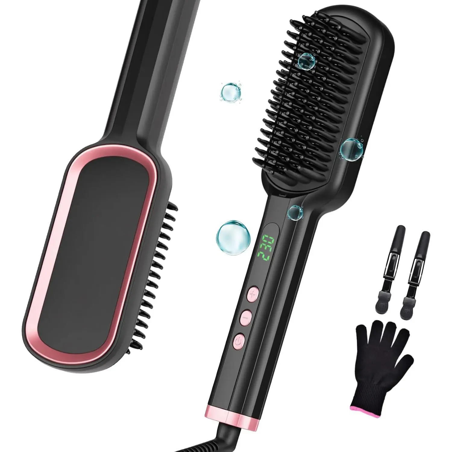 Hair Straightener Brush - Hair Straightening Brush |   13 Temps LCD Display 45s Fast Heating 60mins Auto-Off Anti-Scald Ceramic Hair Straightener Comb for Home Salon, Black