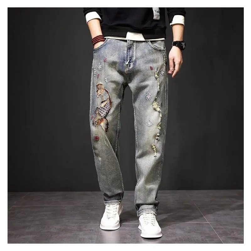 Men Carp Fish Embroidery Jeans Fashion Stretch Denim Pants Holes Ripped Distressed Slim Straight Trousers
