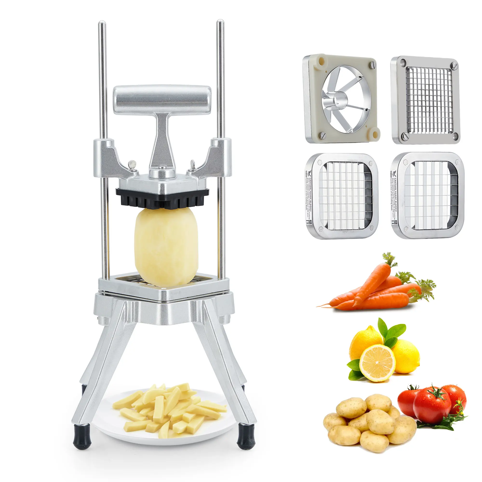 Garvee Commercial Vegetable Chopper & Dicer, Heavy-Duty Stainless Steel French Fry Cutter with Bowl - 4 Replaceable Blades (1/4, 3/8, 1/2) - For Potato, Tomato, Onion, Mushroom & Fruit - Stainless Steel Bowl