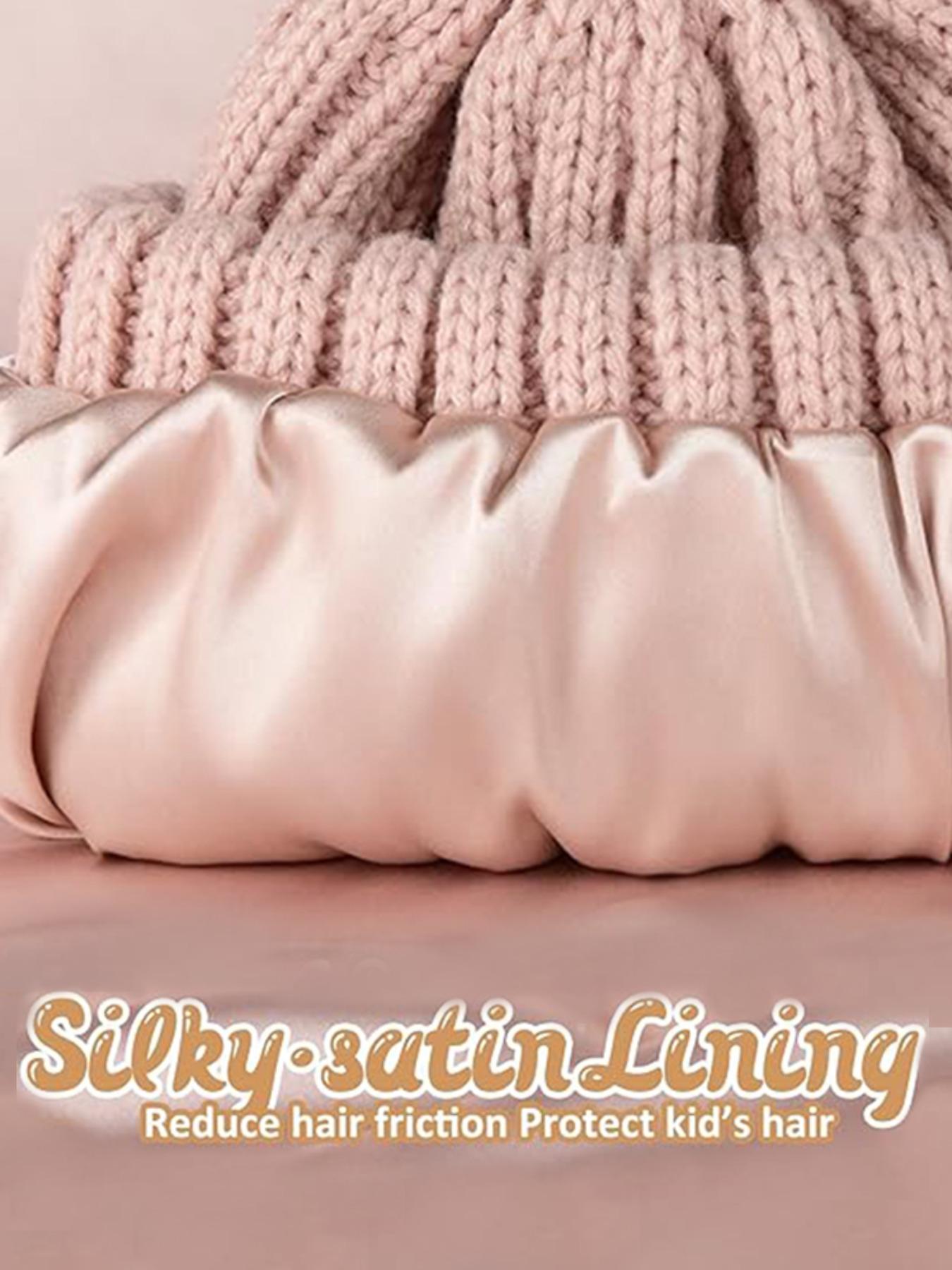 Unisex Plain Striped Beanie Hat, Satin Lined Knit Cap with Pom Pom, Warm Comfortable Windproof Winter Accessory, No Tag Design, Knitted Winter Hat