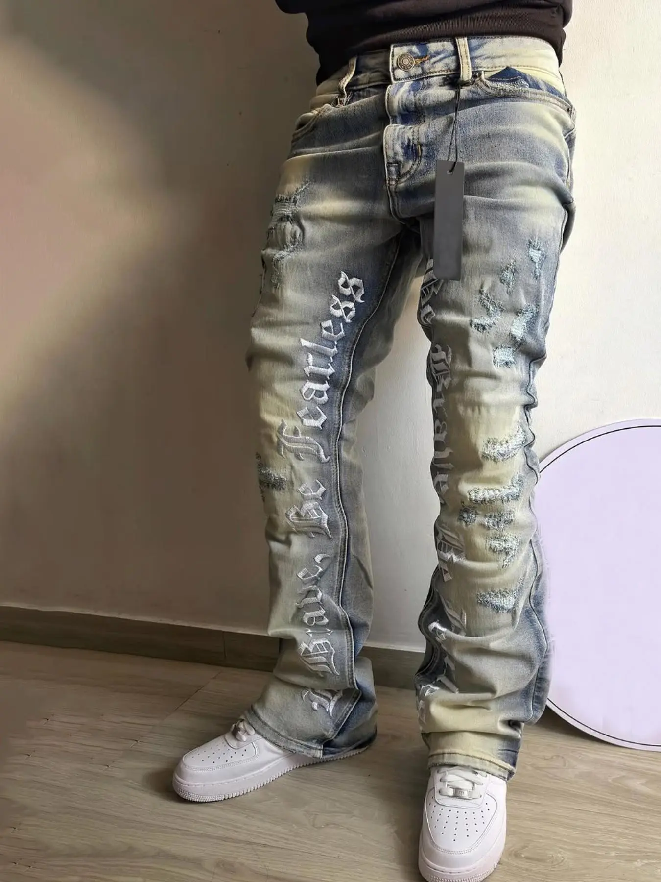 Men's Embroidered Jeans, Micro Flare Denim Jeans, Letter Stitching, Tight Fit, Ripped Bell Bottoms, Washed Y2K Streetwear Style, All Seasons
