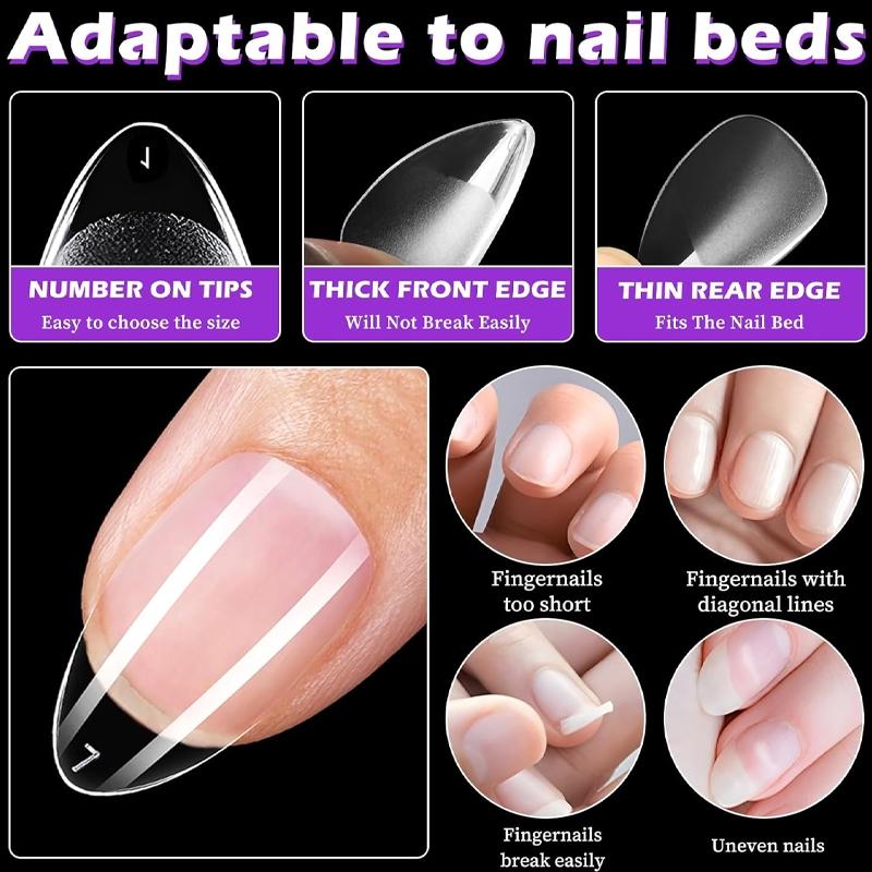 600Pcs Extra Short Almond Nail Tips, Upgraded Widened Nail Bed Half Matte No File False Full Cover Gel Nails Clear Natural Artificial Gelly Tips for Nail Extension Home DIY Salon 12 Sizes with Set for Extension Nail Manicure, Fake Nails Kit