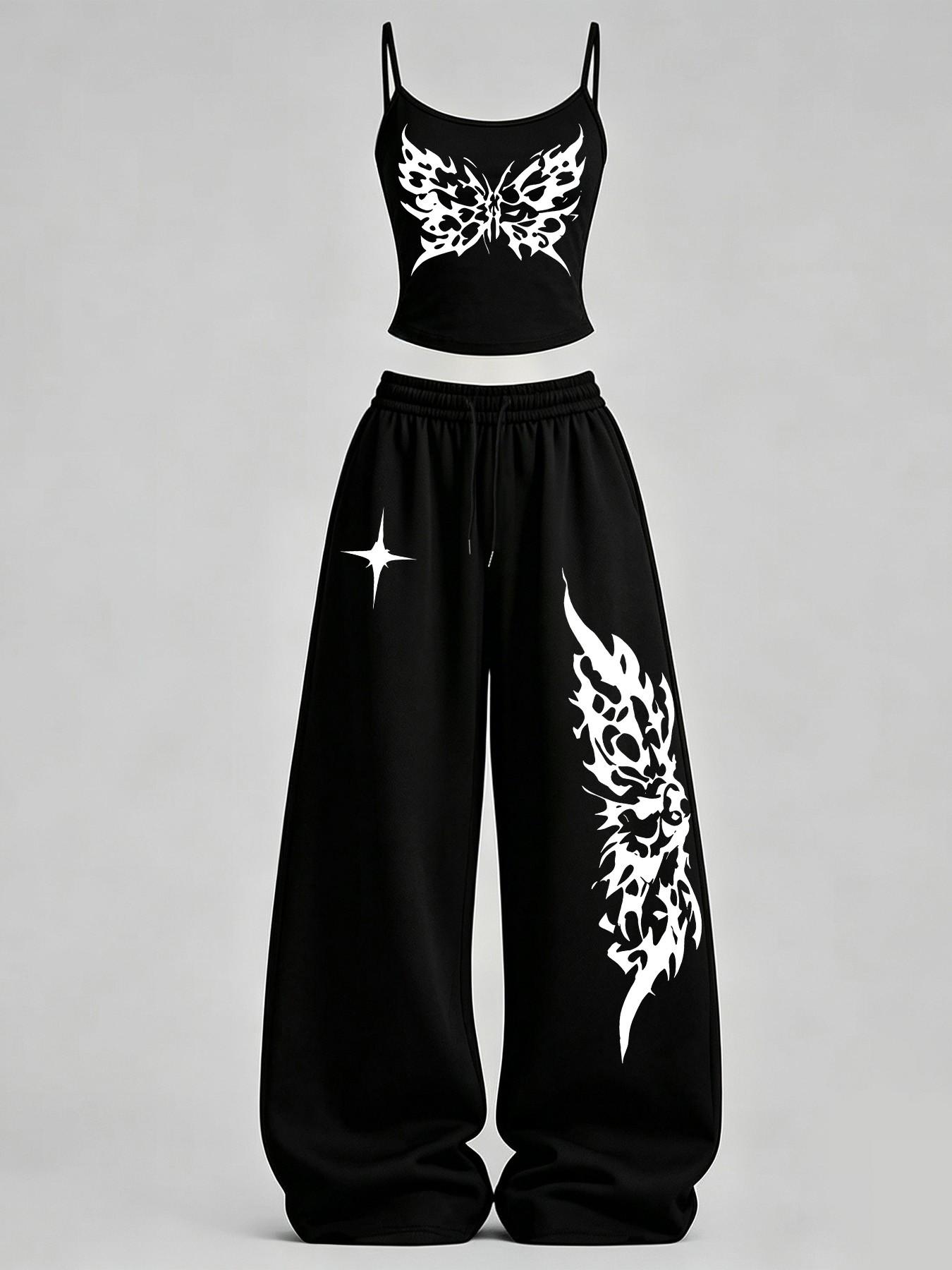 Women's Spider & Butterfly Print Slim Fit Tank Top + Loose Pants Set, Y2K Street Style, Casual Daily Wear, Home Leisure