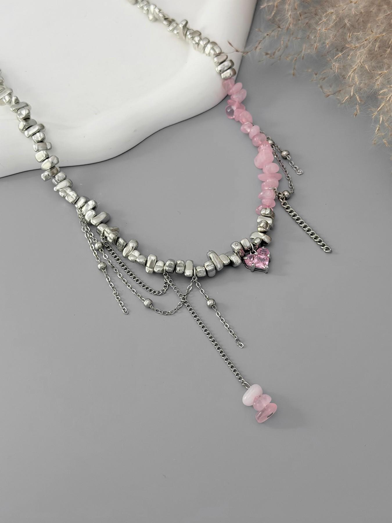 Vintage Acrylic Beaded Necklace, Gemstone Heart Pendant, Bohemian Fringe Necklace, Casual Style, Perfect for Daily Wear and Gifts