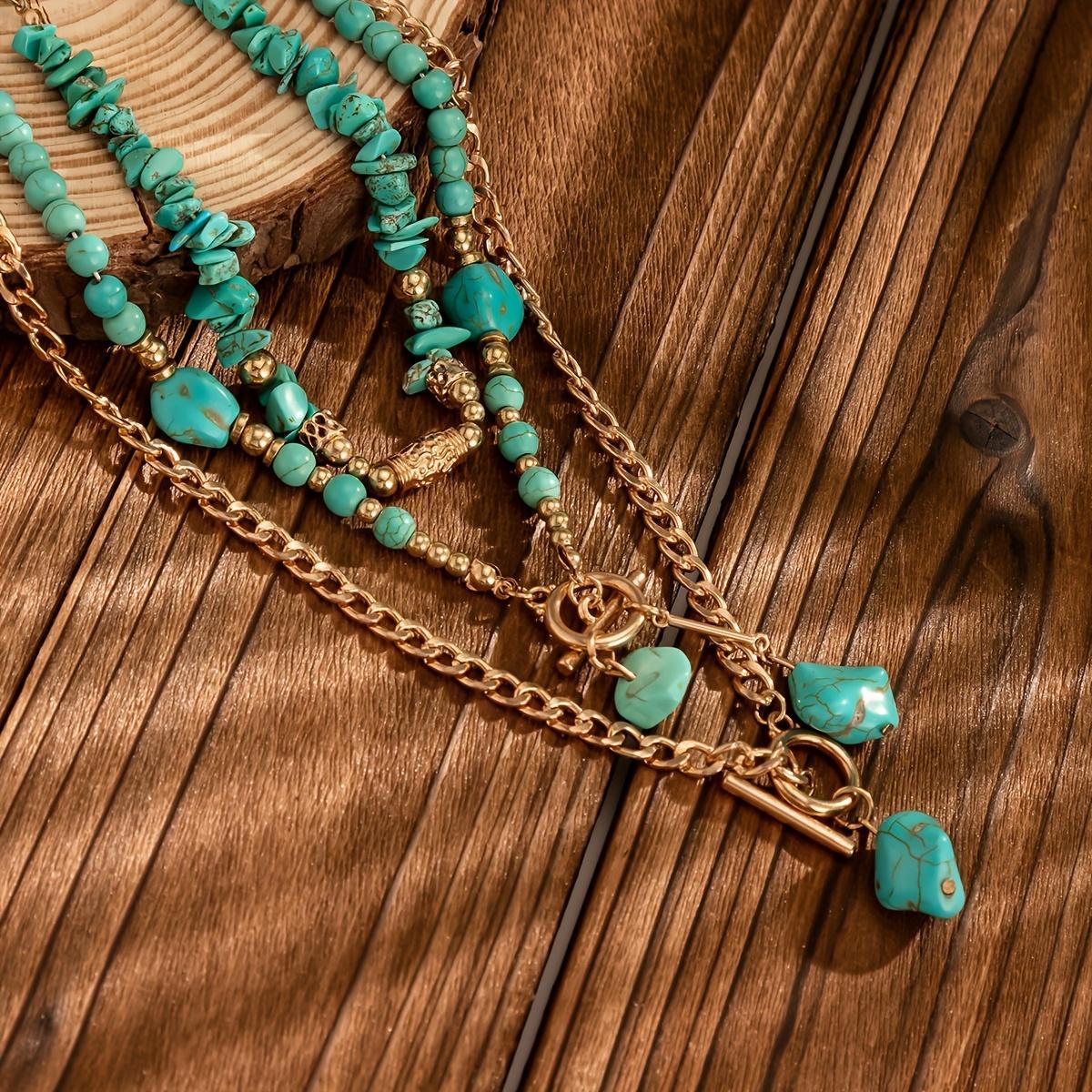 Women's 3-Piece Stackable Layered Necklaces, Bohemian Jewelry with Synthetic Turquoise Synthetic Gemstone Alloy Beads, Evening Party Daily Wear Birthday Gift