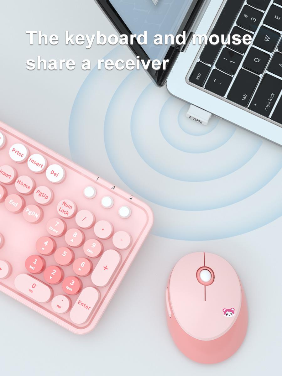 MOFii 1 Set Wireless Keyboard and Mouse Combo, Pink Bear Cute Office Keyboard Mouse, 2.4G Plug and Play, Compatible with Laptop & Desktop, US Qwerty (Battery Not Included)