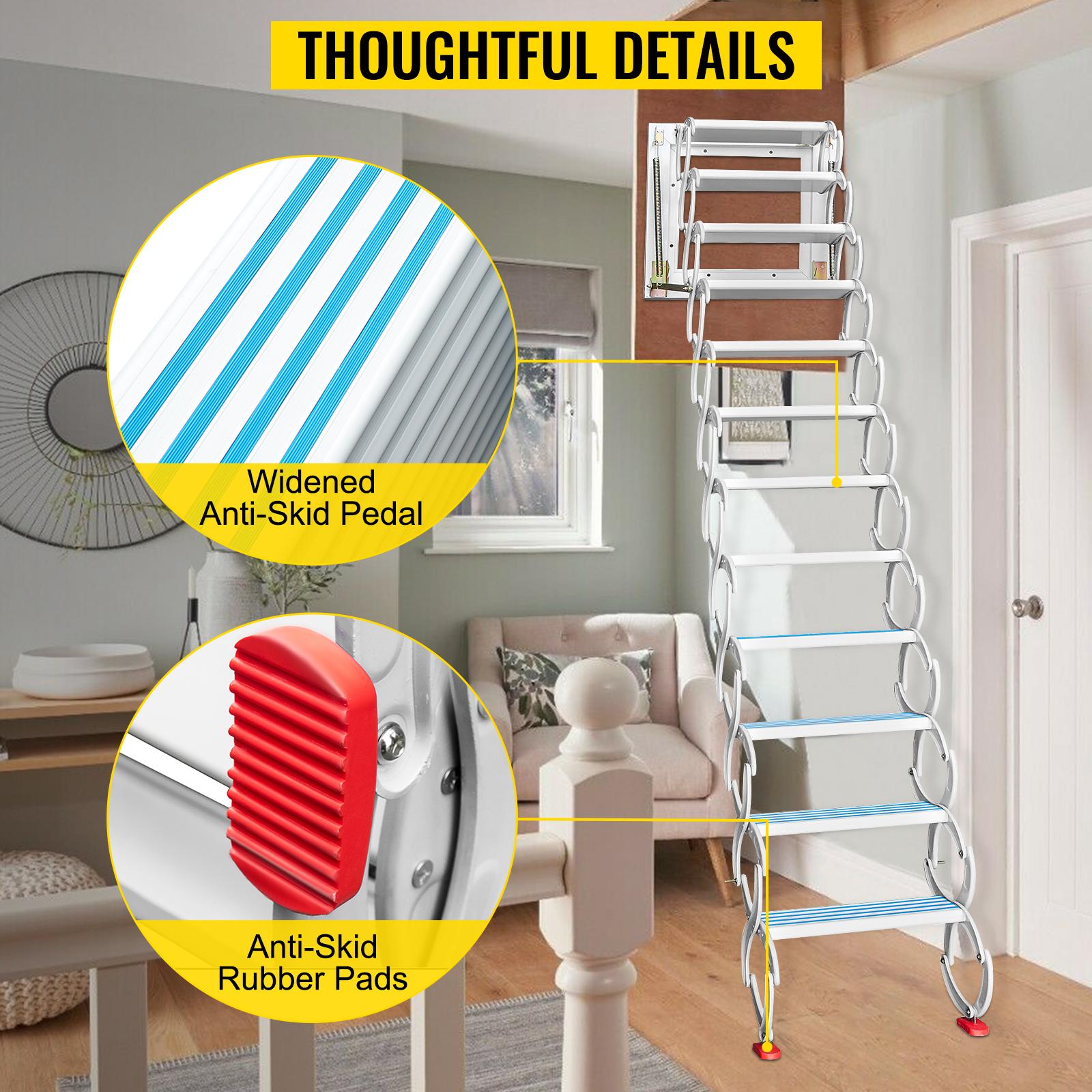 VEVOR Attic Steps Pull Down 12 Steps Attic Stairs Alloy Attic Access Ladder, White Pulldown Attic Stairs, Wall-mounted Folding Stairs for Attic, Retractable Attic Ladder with Armrests, 9.8 feet Height