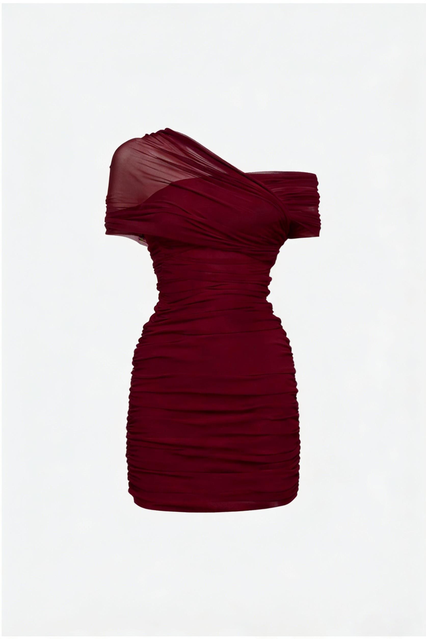 1 Piece Asymmetric Off Shoulder Mesh Mini Dress for Women, Ruched Bodycon  Short Dress, Sheer Mesh