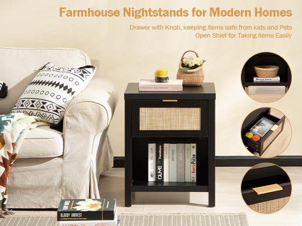 SICOTAS Classic Rattan Nightstands - Unique Farmhouse Style Bedside Table with Drawer and Open Shelf, Durable Engineered Wood Construction, Versatile Side Table for Living Room and Bedroom, Easy to Assemble, Modern Home Decor
