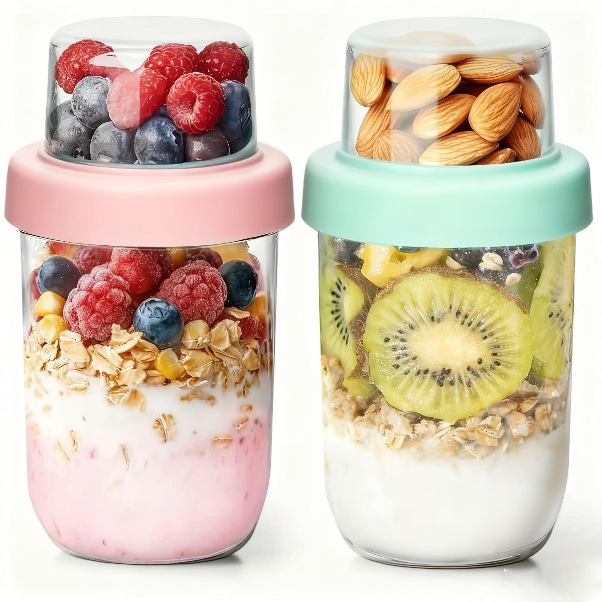 4PCS Double Layer Overnight Oat Containers with Lids, Dry and Wet Separated Yogurt Parfait Cups, Chia Pudding Glass Jars for Oats, Granola, Nuts, Fruit and Salad, Portable Meal Prep Breakfast Cups, Random Colors