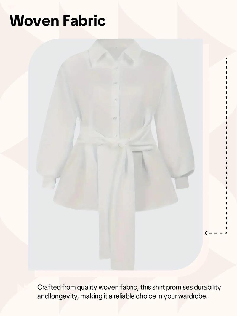 【Plus Size】 Solid Belted Button Front Shirt Blouse, Elegant Bishop Sleeve Collared Top for Women, Women's Clothing for Fall & Winter, Womenswear