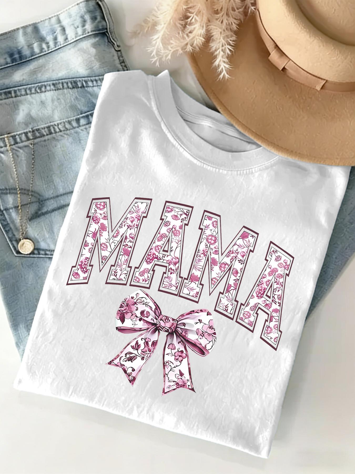 Mama Letter & Bow Print Round Neck Tee, Fashion Casual Crew Neck T-Shirt for Daily Holiday Vacation Outdoor Wear, Ladies Clothes for All Seasons, Top
