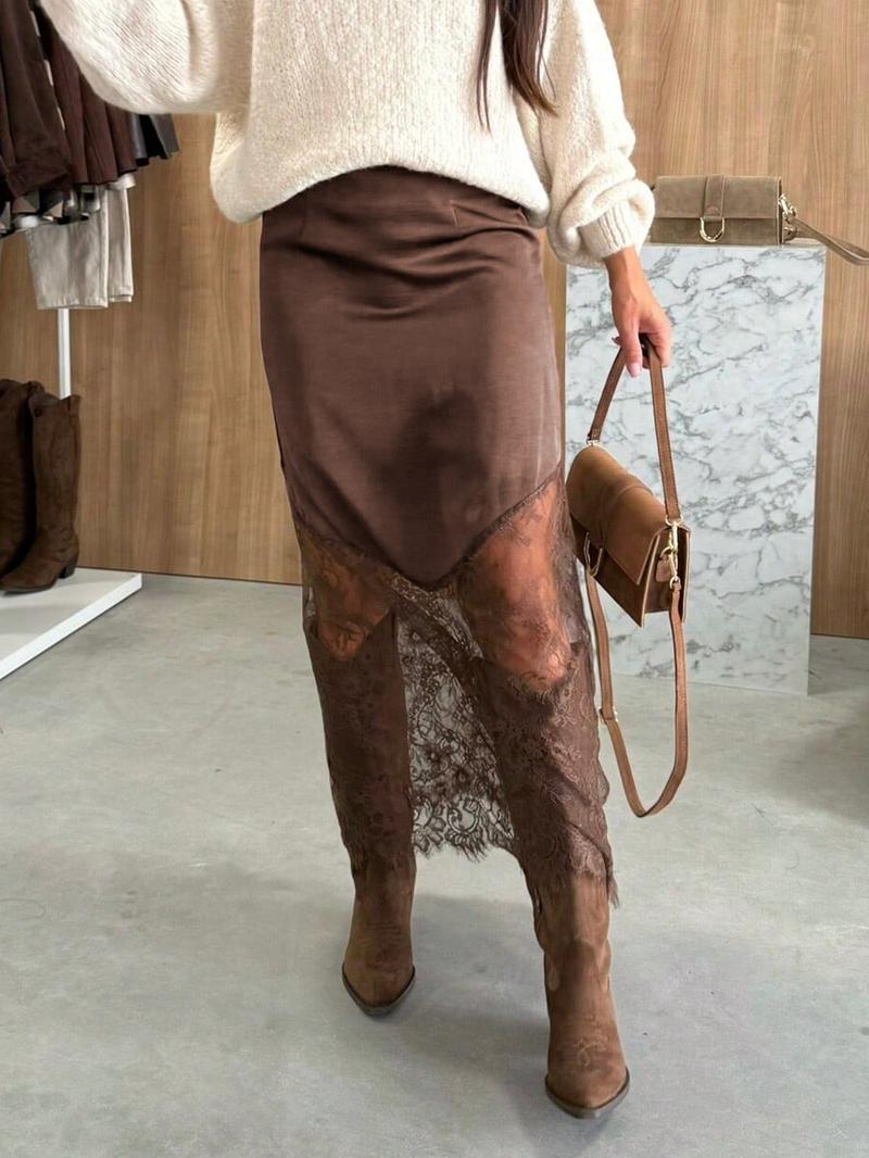 1 piece Valentine's Day Elegant Lace Patchwork Skirt, Knitted Fabric, Pure Color, Fitted , Daily Wear, Suitable for Spring and Summer