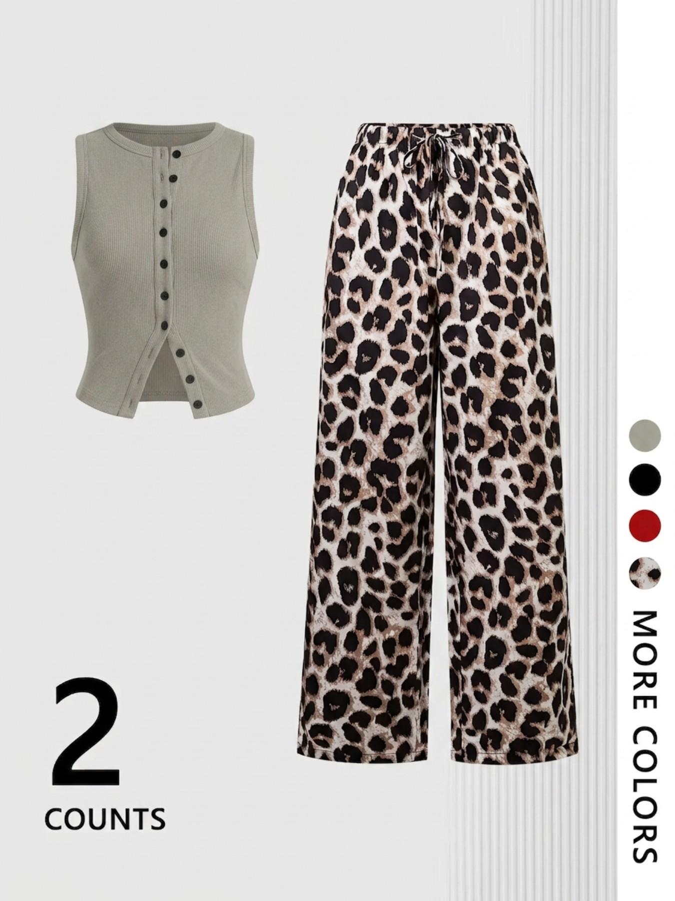 Women's Knit Striped Button Front Split Sleeveless Vest & Leopard Print Drawstring Wide Leg Pants Set, Summer Slim Fit Clothes