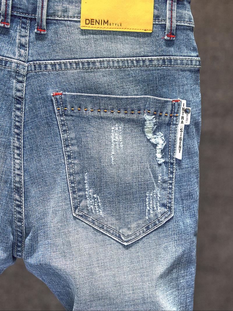 Men's Light Wash Distressed Ripped Fitted Denim Jeans, Trendy American Street Style, Perfect Gift for Husband or Boyfriend