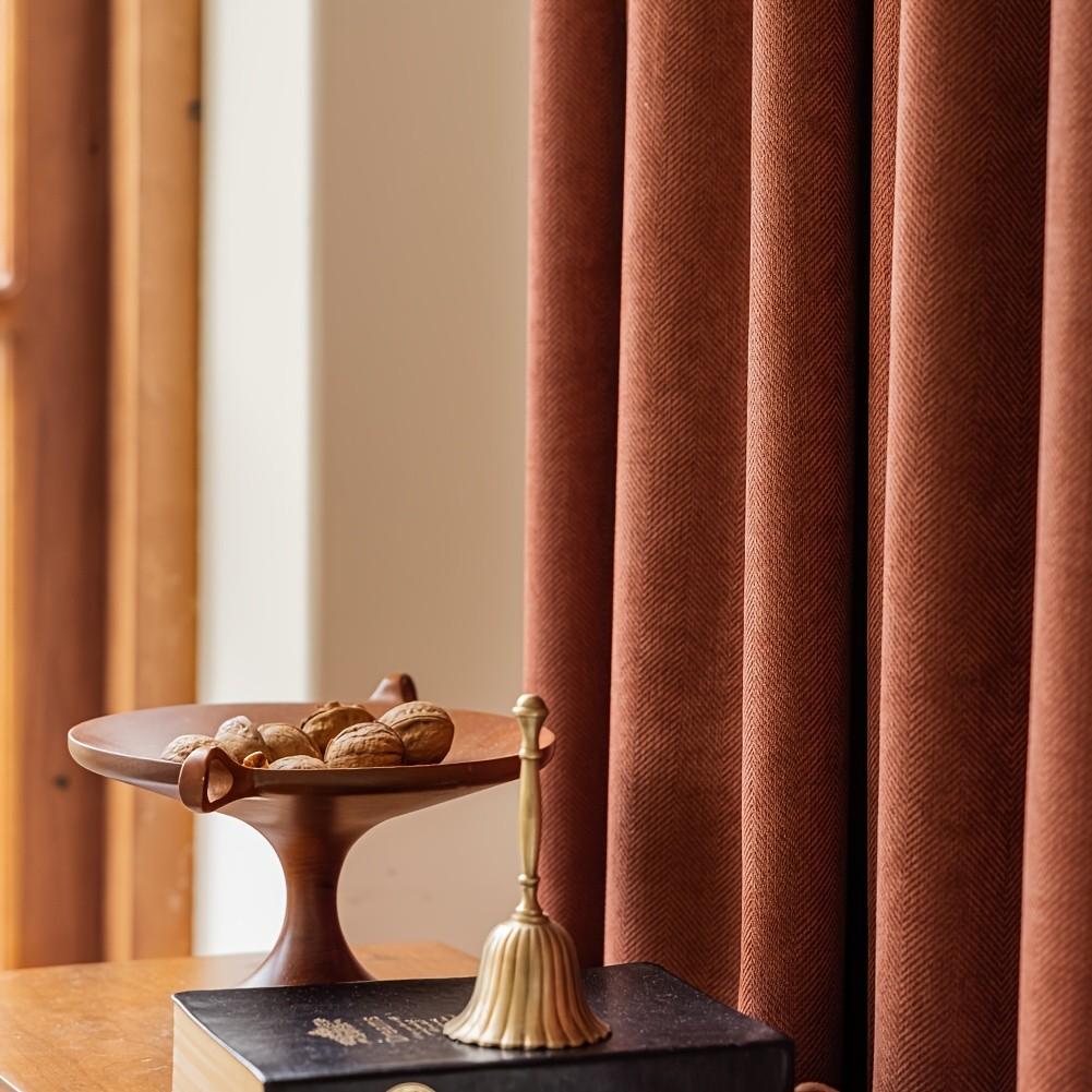 1pc Solid Herringbone Chenille Curtain, American Style Simple Perforated Curtain, Polyester Home Finished Perforated Curtain