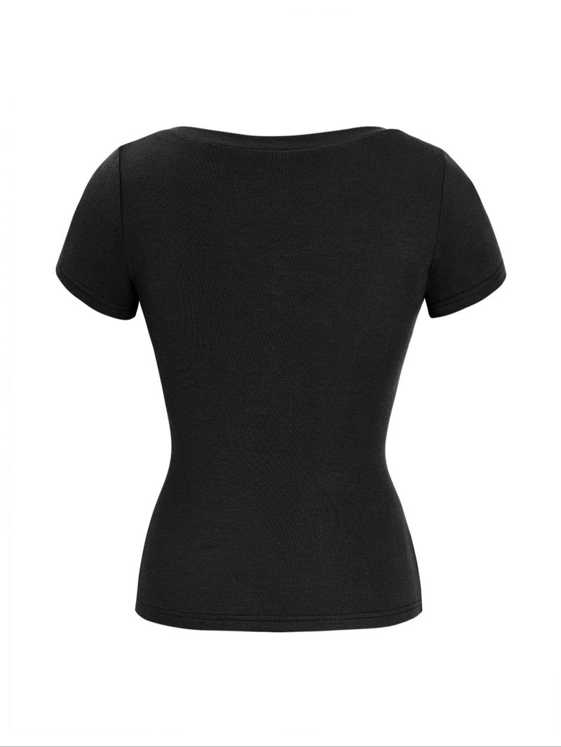 Spring Summer Streetwear Y2K Style Letter Print Knitted V-Neck Slim Fit Women's T-Shirt, Casual Fashion Top for Daily Wear