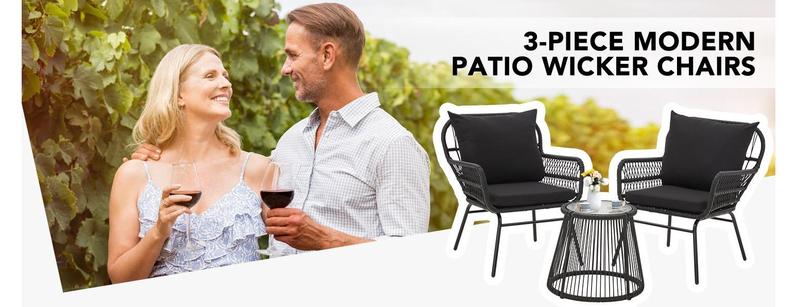 Patio Conversation Bistro Set, Outdoor All-Weather Wicker balcony Furniture with Tempered Glass Top Table Wide Ergonomic Armchairs, Seat Cushions for Porch, Backyard